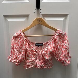 Kendall & Kylie Pink Floral Cropped Puff Sleeve  Blouse size small